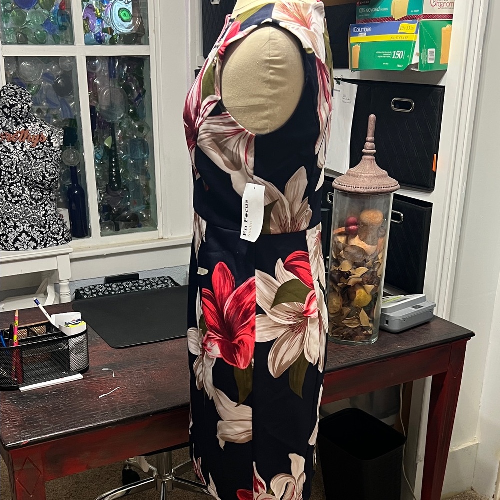 Enfocus Studio Navy Sleeveless Floral Midi Dress with Red & Cream Blooms - Picture 4 of 5